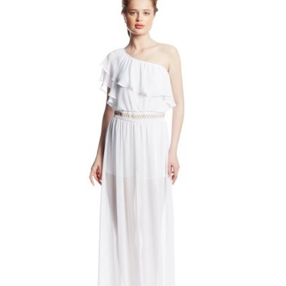 White Maxi Dress Ruffle One Shoulder Grecian Goddess XOXO - Picture 7 of 9